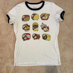 Mighty Fine Puglie Food Pug Graphic Tee – Cute Kawaii Ringer Shirt, Size L
